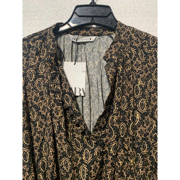 Zara Black Gold Metallic Print Long Sleeve Button Front Mini Dress Size Small - Picture 9 of 12